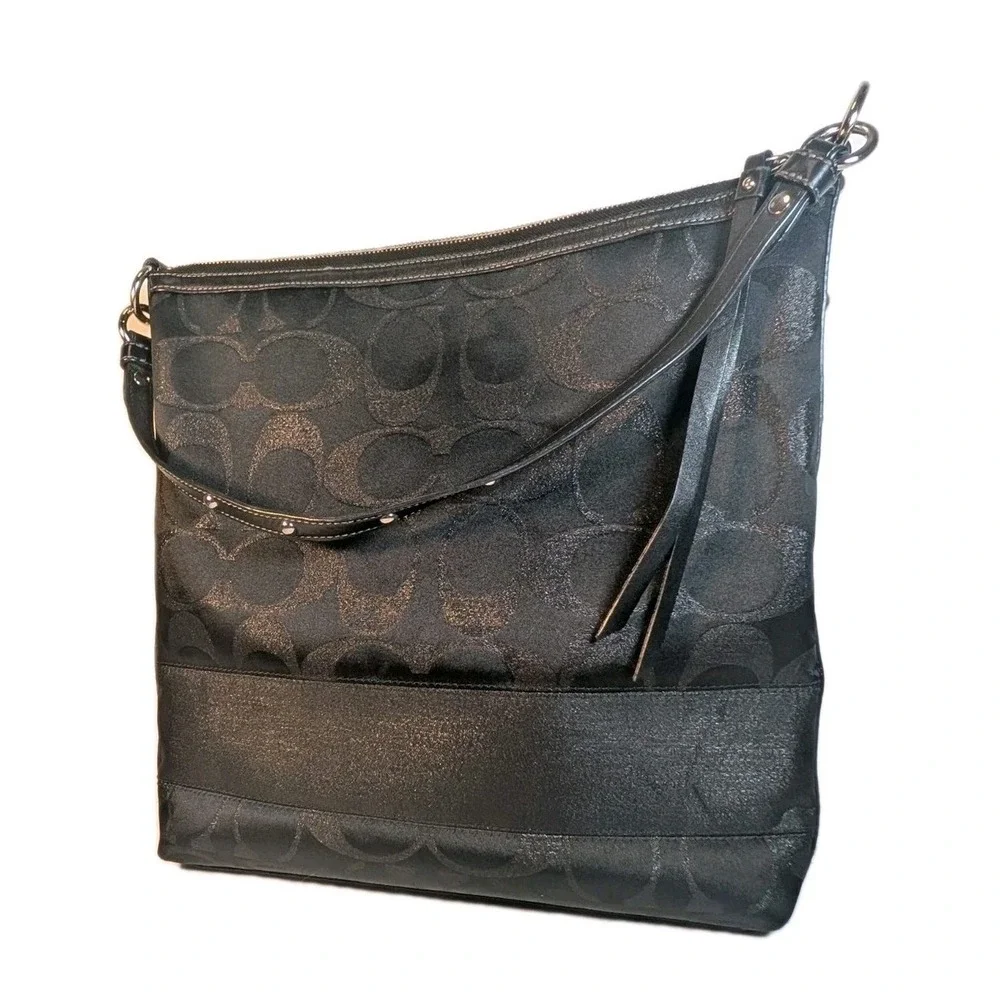 Coach 12904 Black Signature C Lurex Studded Tote Shoulder Bag Leather Trim Purse